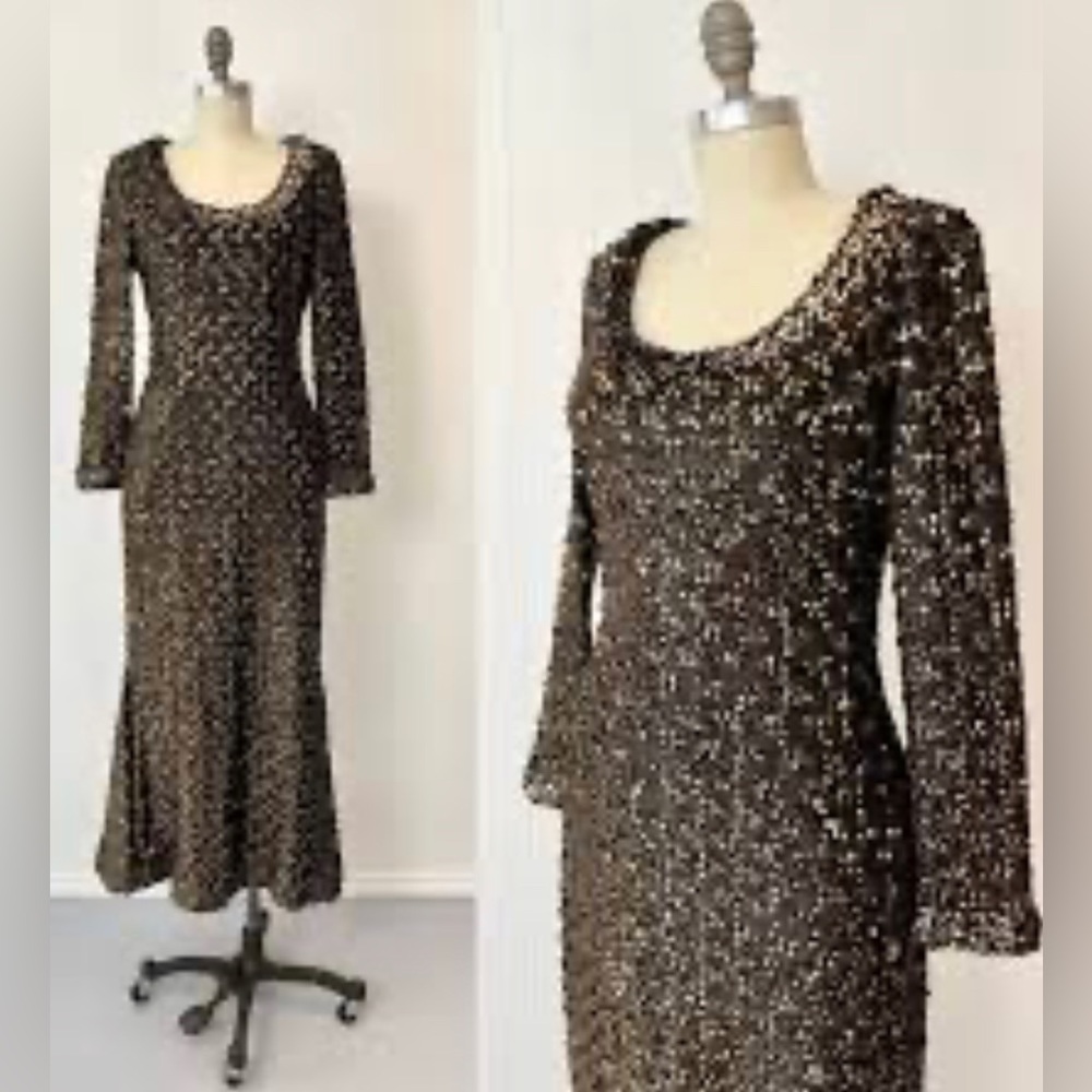 1960s Lilli Diamond Gold Black Sequin Metallic Bombshell Mermaid Gown 20